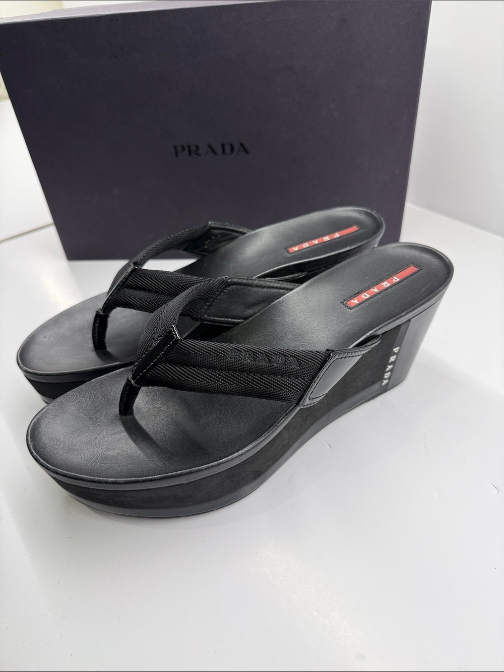 Prada Black Wedge Thong Sandals